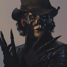 papa v perpetua from the band ghost, hands crossed in front with spikey fingertip accessories