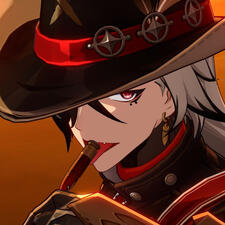 boothill from honkai star rail with a bullet in his mouth during his ultimate