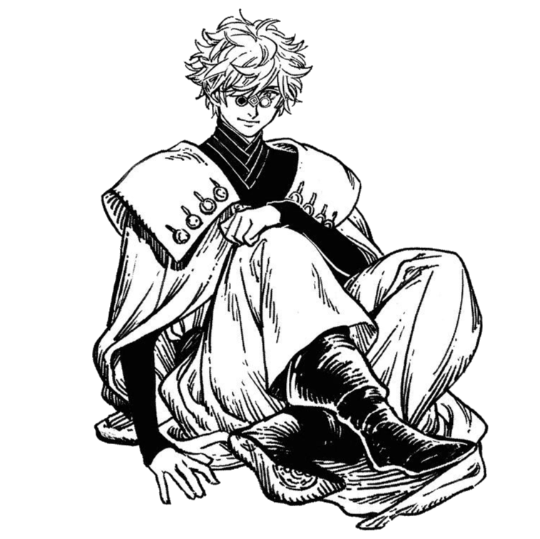 Qifrey (pronounced Key-frey) from the manga series 'Witch Hat Atelier.' He is sitting down with his right leg crossed over his left. His right hand is on the ground for balance, and his left hand is resting on his right knee.